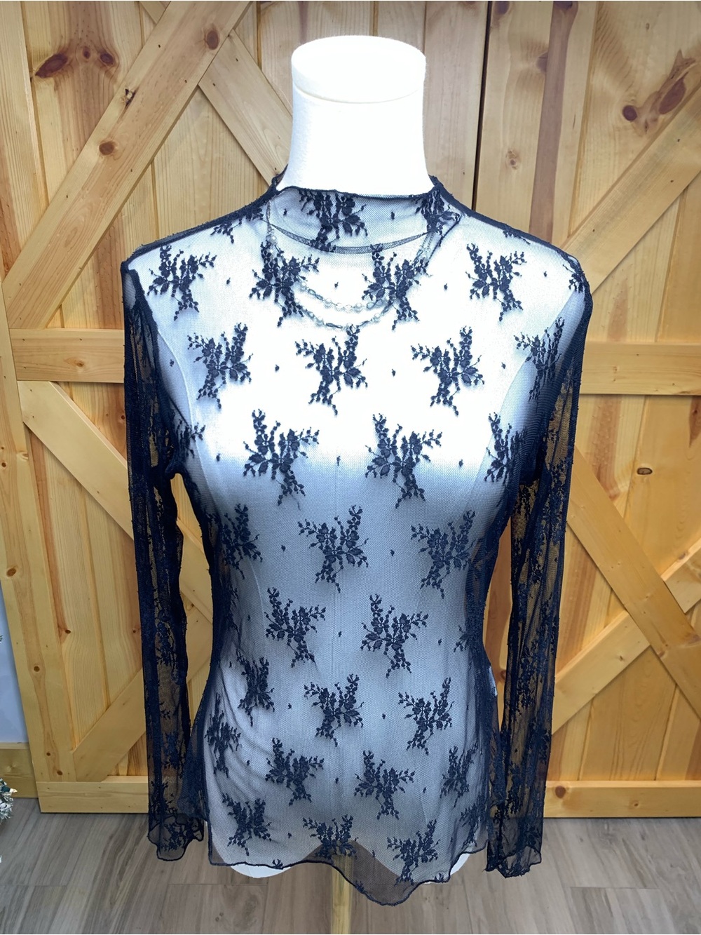 Womens Vampy Black Mesh Lace High Neck Long Sleeve Blouse L Goth Noir Siren
